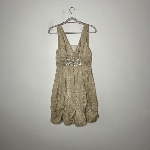 BCBG Max Azria Party Dress 6 Gold Silk Blend Metallic Sequin Waist Balloon Hem - Picture 11 of 12